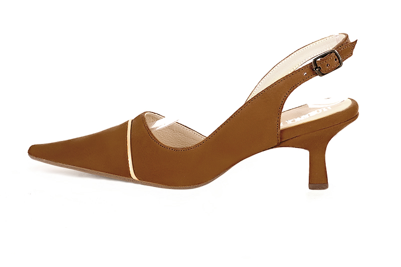 Chaussure femme a brides marron caramel et or dore Bout pointu. Talon mi haut bobine. Modele Cocktail Firenze